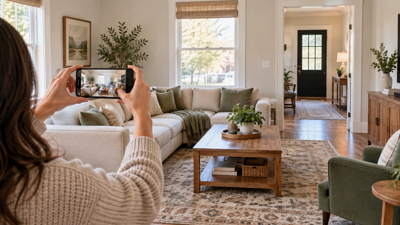 Homeowner photographing a living room while keeping its windows, doorway, furniture, and walking path visible.