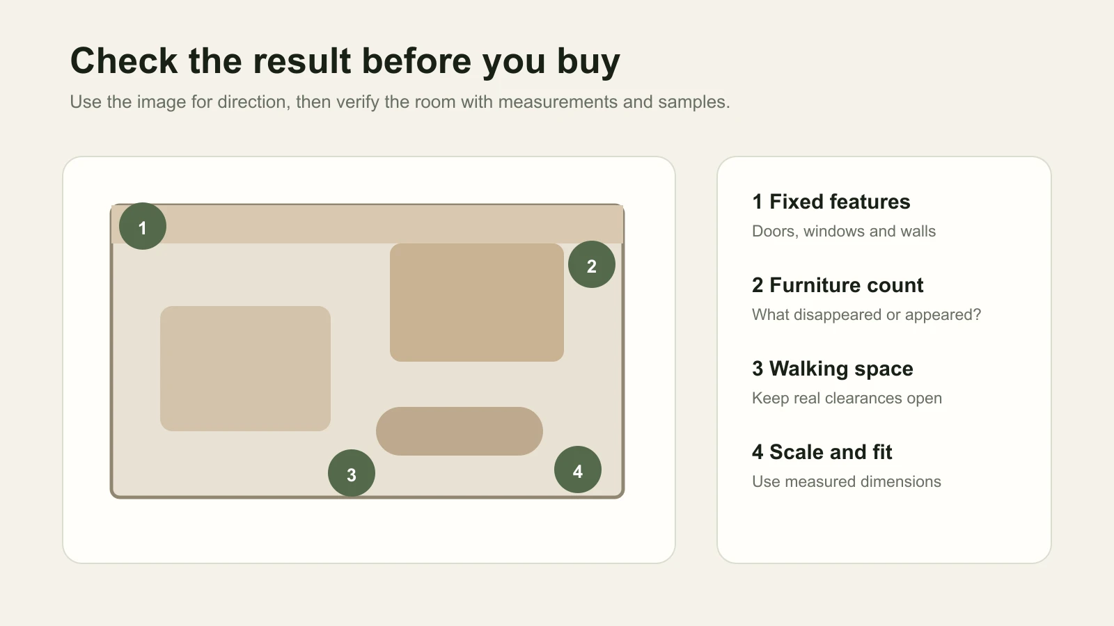 Illustrated checklist for checking fixed features, furniture count, walking space, and scale in an AI room result.
