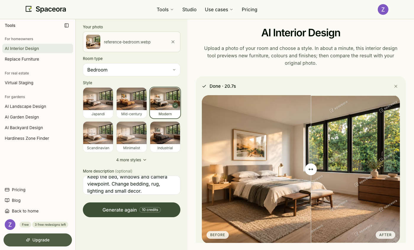 Spaceora Modern bedroom result shown beside the original in the current interface.