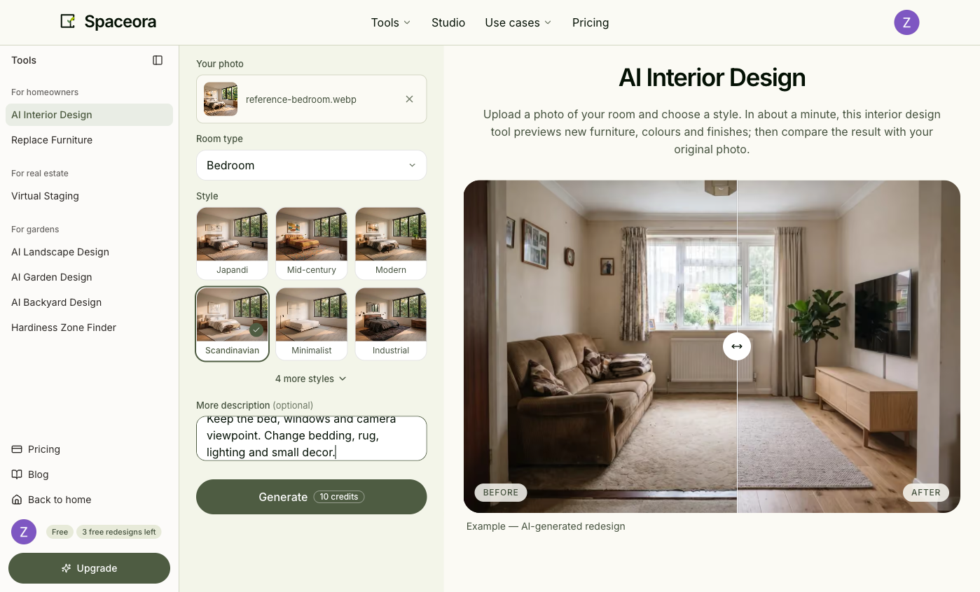 Bedroom photo, Bedroom room type, Scandinavian style, and the test instruction in Spaceora.