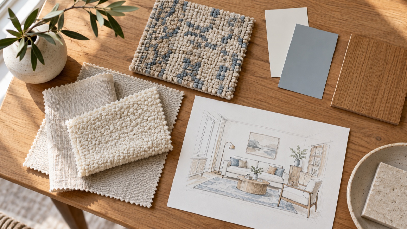 Room style plan with rug, fabric, paint, wood, and stone samples arranged around one living-room sketch.