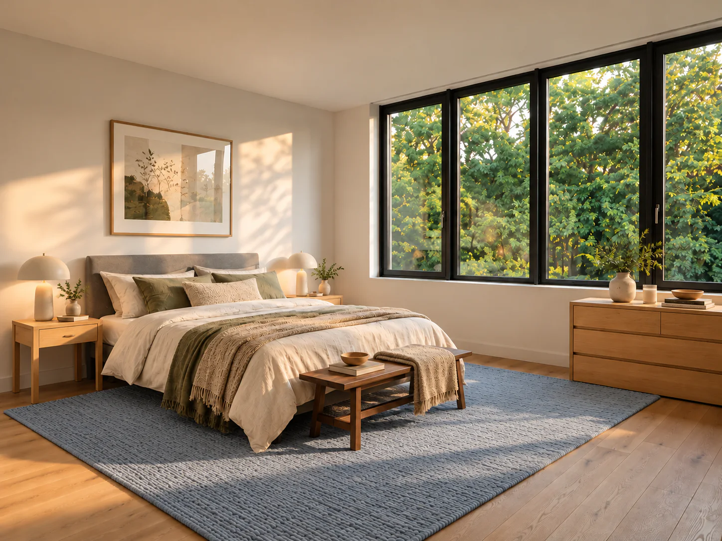 ChatGPT follow-up result with the bedroom rug changed to muted blue.