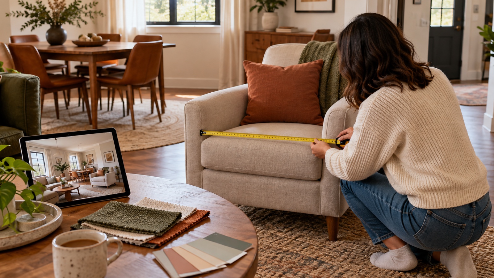 Homeowner measuring a real armchair while comparing material samples with a room concept on a tablet.