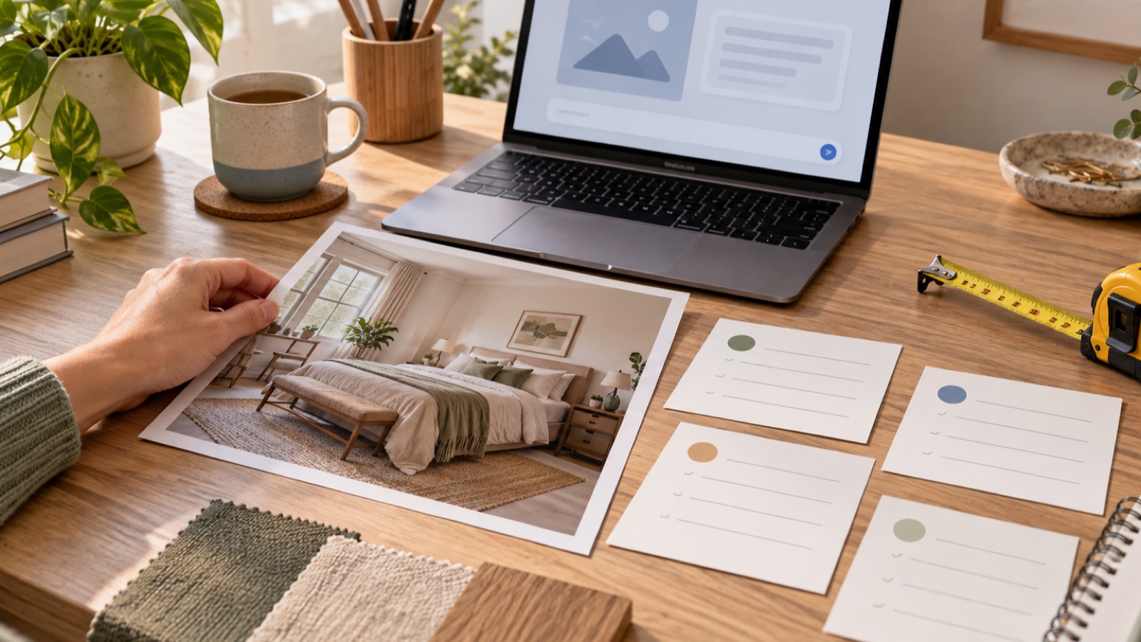 Homeowner preparing a room photo, measurements, material samples, and a short checklist before writing an AI design prompt.