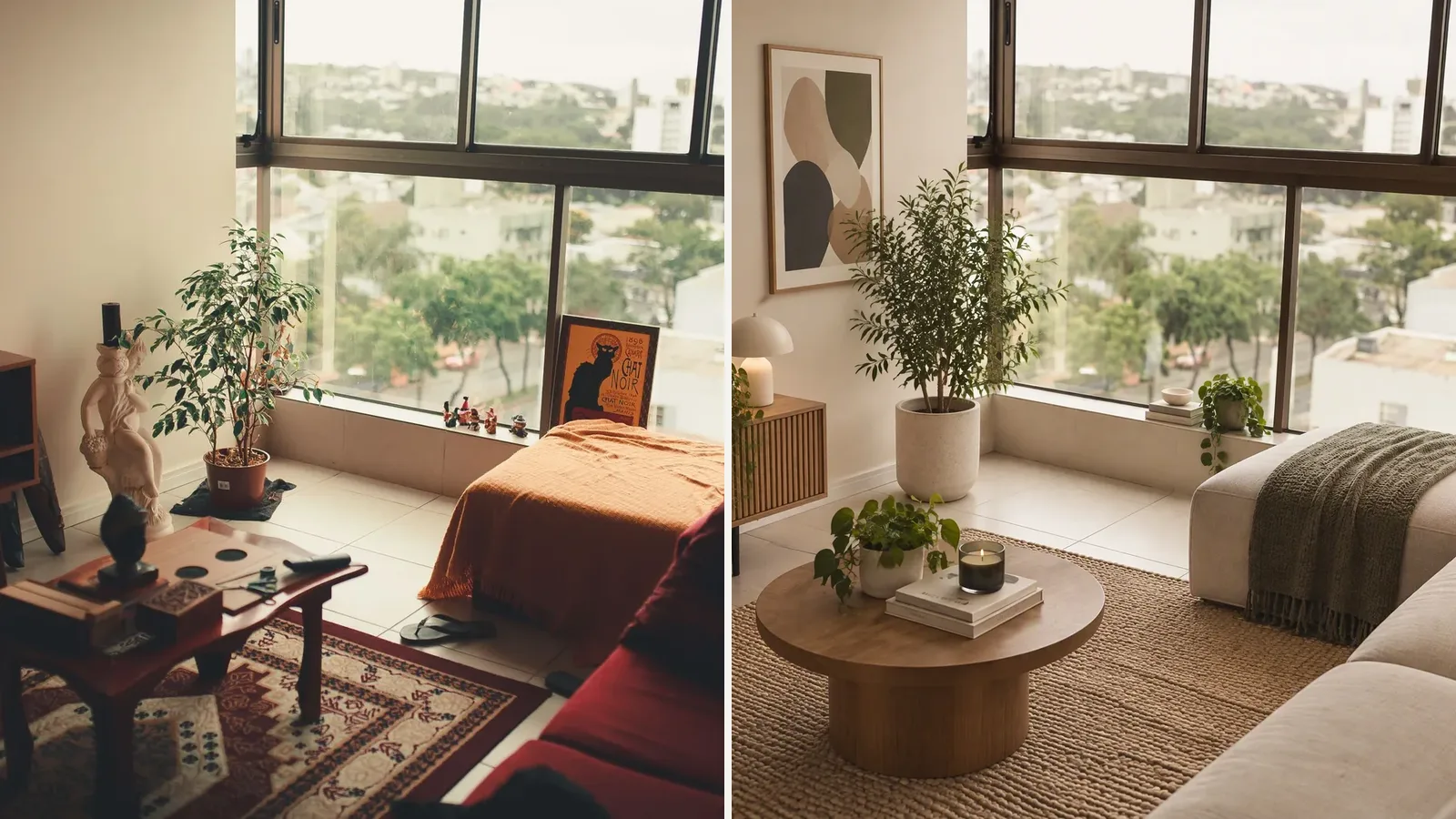 Before and after modern living room redesign comparison for AI room design tools