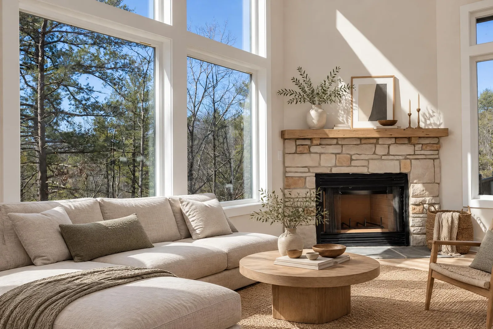 The same living room redesigned by Spaceora in Japandi style with a low cream sectional, round wood coffee table and neutral rug.