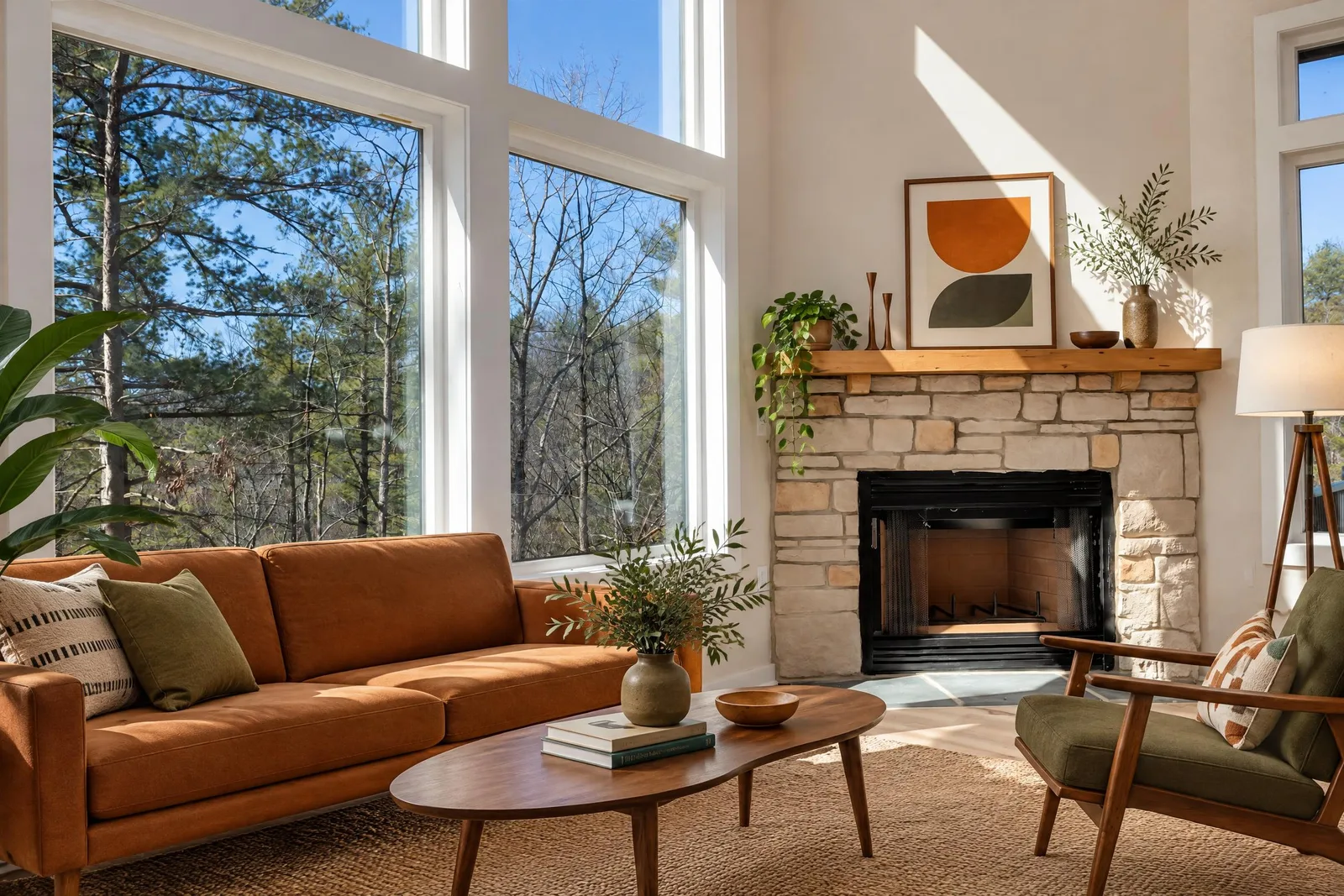 The same living room redesigned by Spaceora in mid-century modern style with a cognac leather sofa and walnut coffee table.