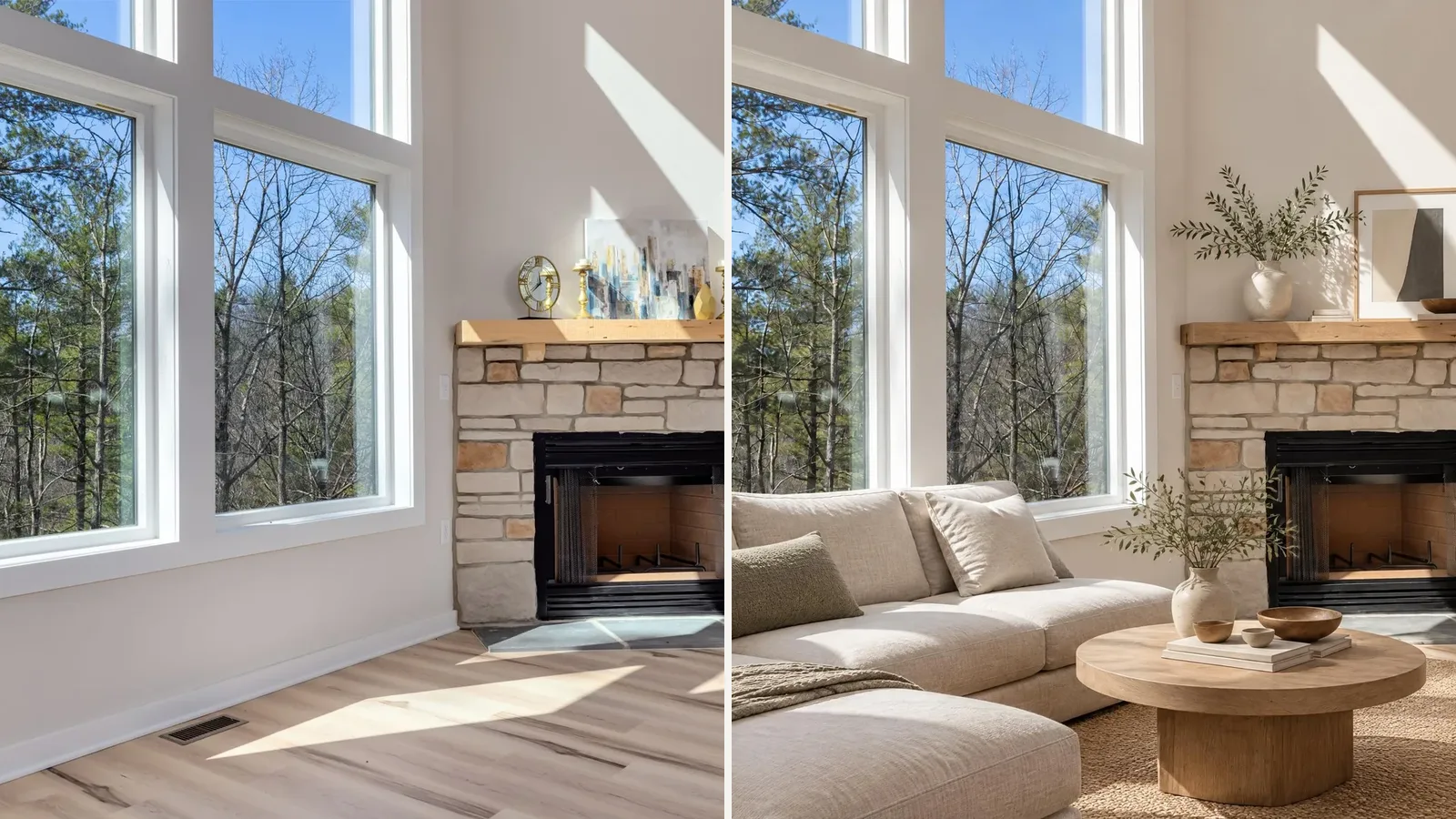 Before and after living room redesign comparison for Collov AI alternatives