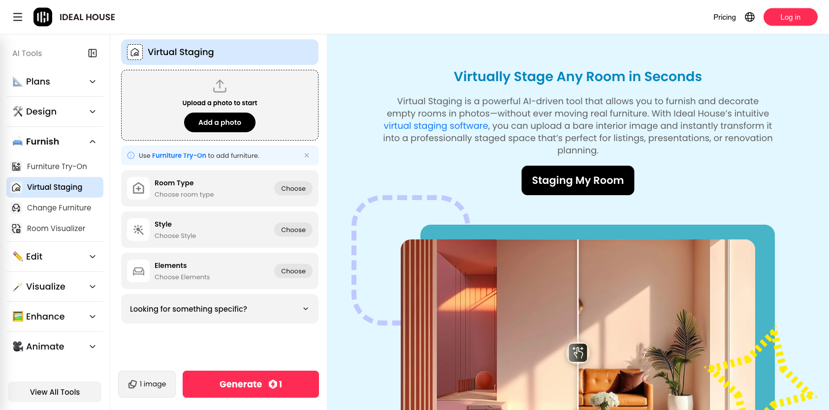 Ideal House virtual staging interface with upload, room type, style and element controls