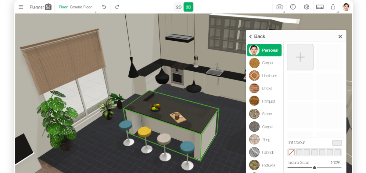 Planner 5D official editor example showing a 3D kitchen and material selection panel