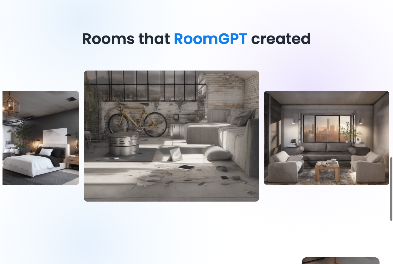 Three room redesign examples in the official RoomGPT gallery