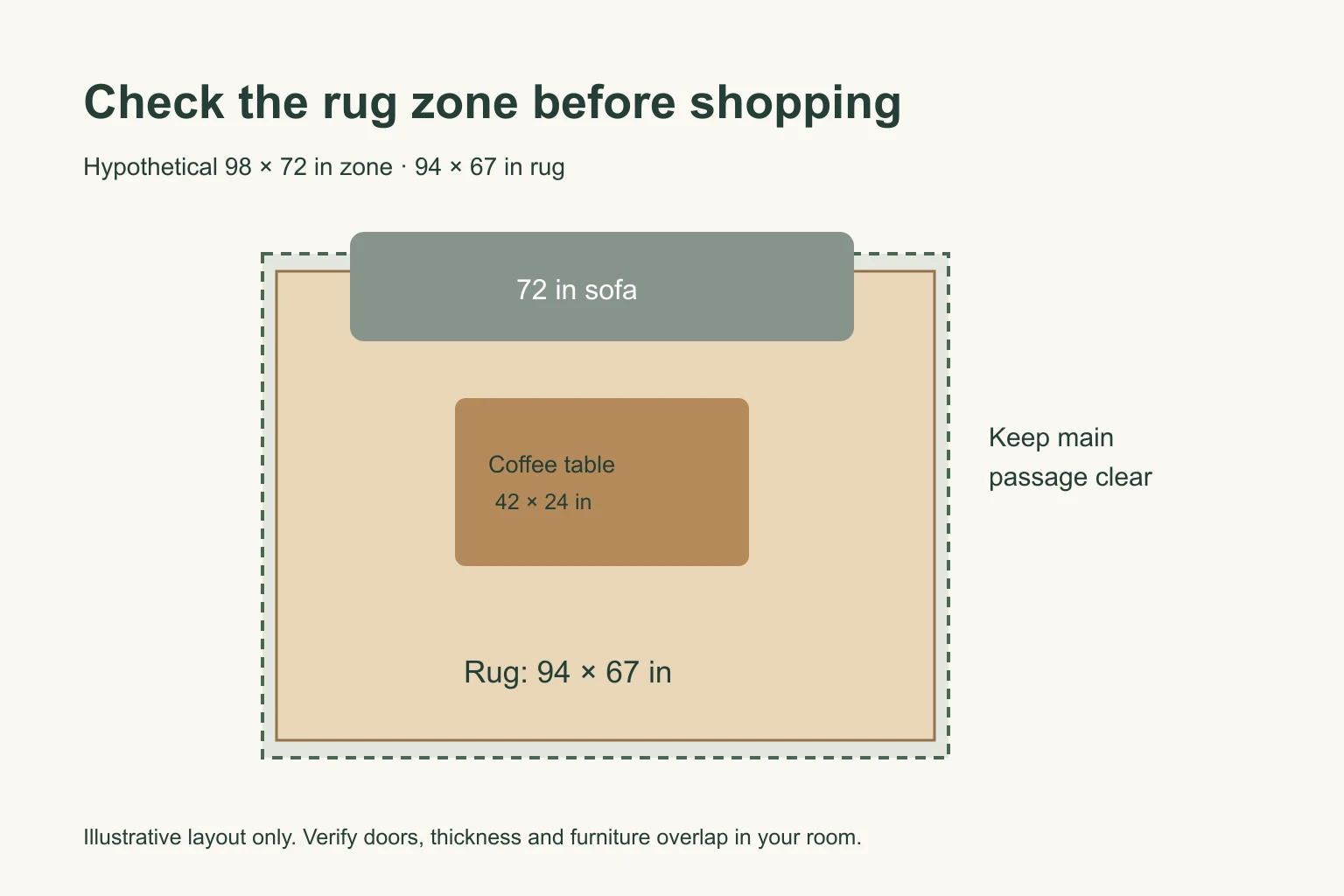 Measured rug zone diagram with 98 by 72 inch zone and 94 by 67 inch rug