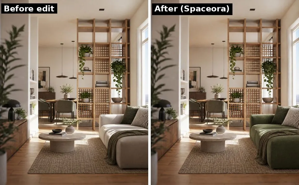 The redesigned living room before and after one plain-words edit, "Make the sofa green", which turned the cream sofa green