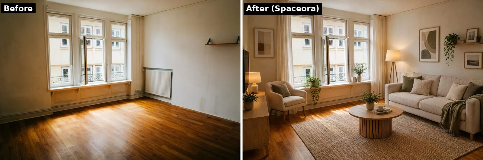An empty living room with tall white windows and wood floors, shown before and after Spaceora virtually staged it with a sofa, armchair, round coffee table, rug, lamps and wall art