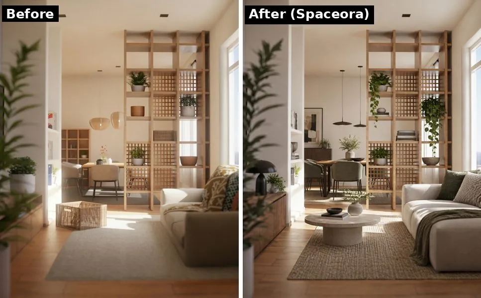 A bright living room with a wooden slatted room divider, shown before and after Spaceora restyled it in a Modern style with a cream sofa, round stone coffee table and jute rug