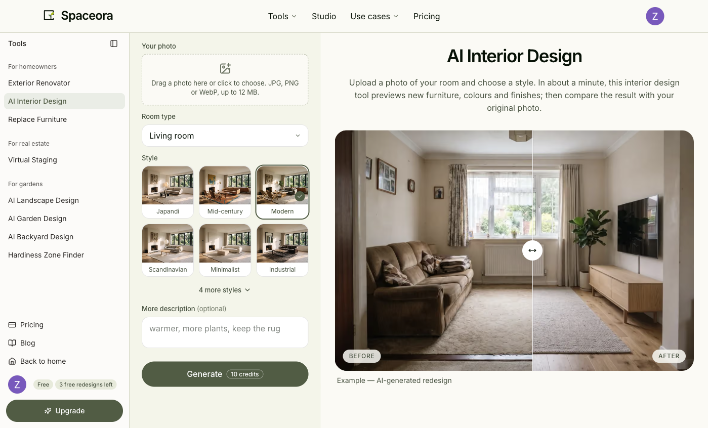 Spaceora's interior design interface with photo upload, room type and style controls