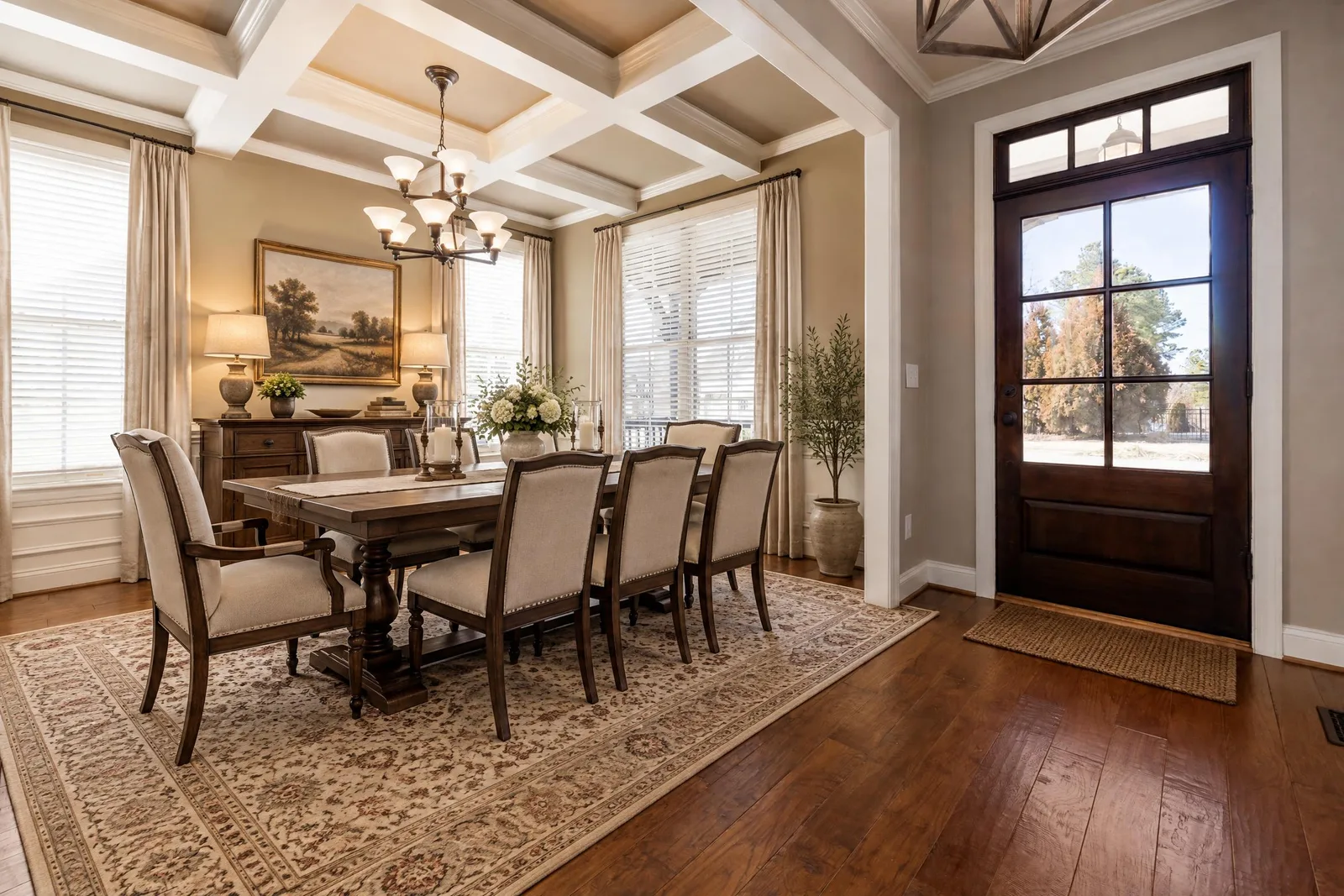 The same dining room virtually staged by Spaceora in traditional style with a wood dining table, upholstered chairs and a patterned rug.