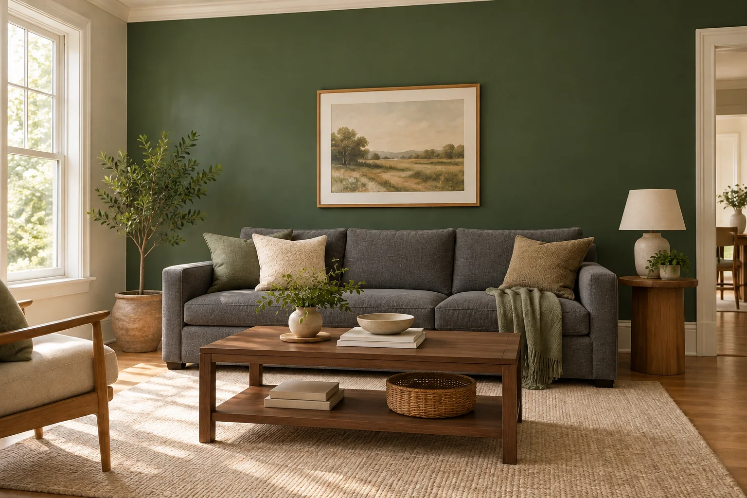 Charcoal sofa and walnut table against a muted green wall