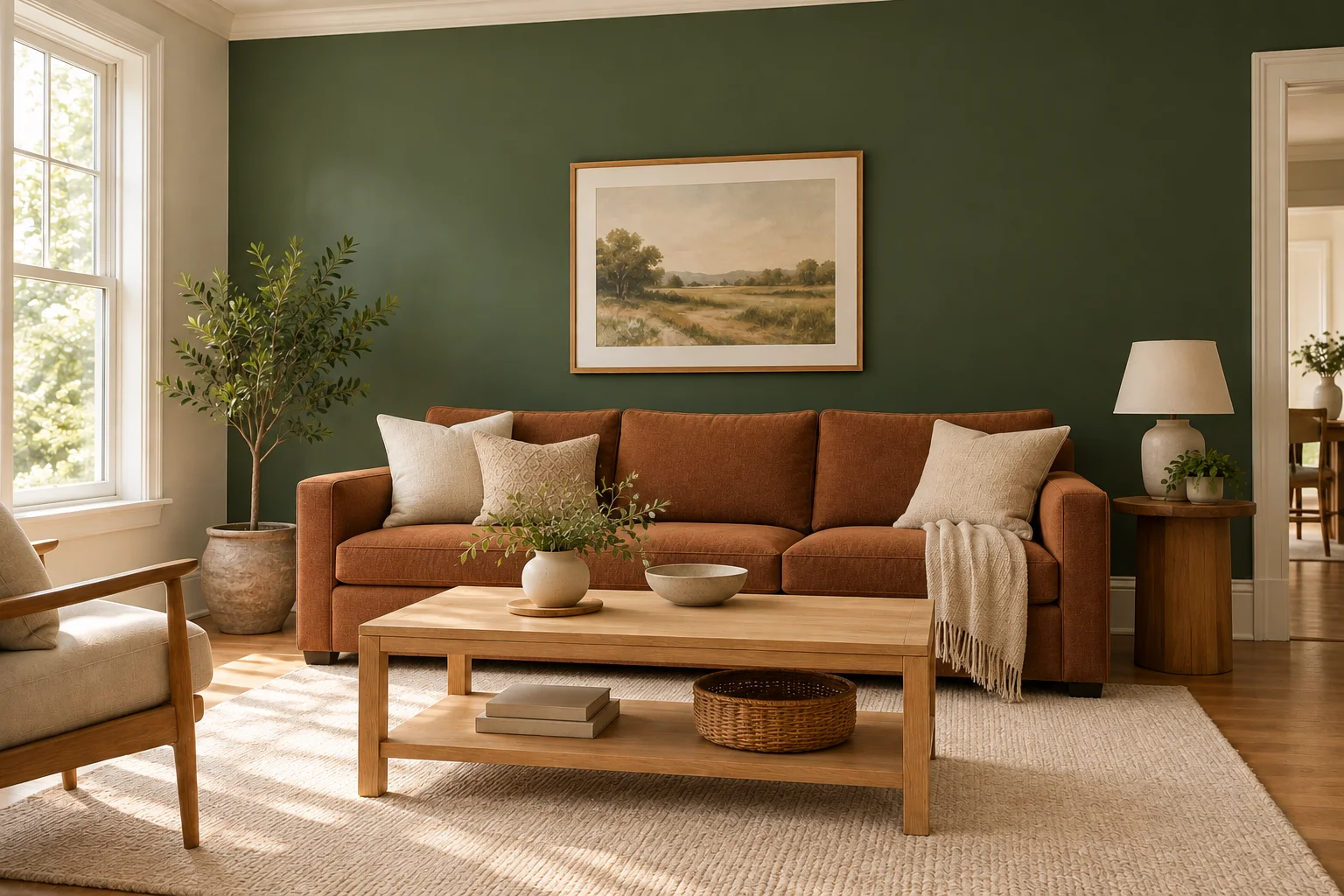 Rust sofa and pale oak table with green wall and light textiles